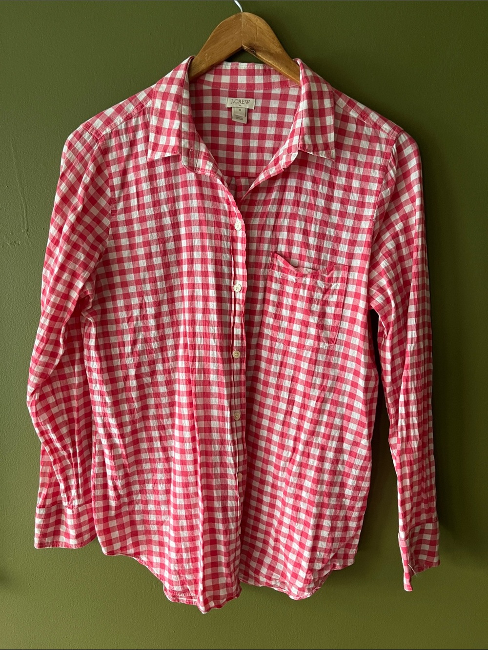 J. Crew Pink and White Gingham Button-Down Shirt